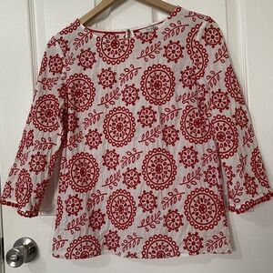 Boden White Blouse with Red Embroidered Medallion Print Size 4R